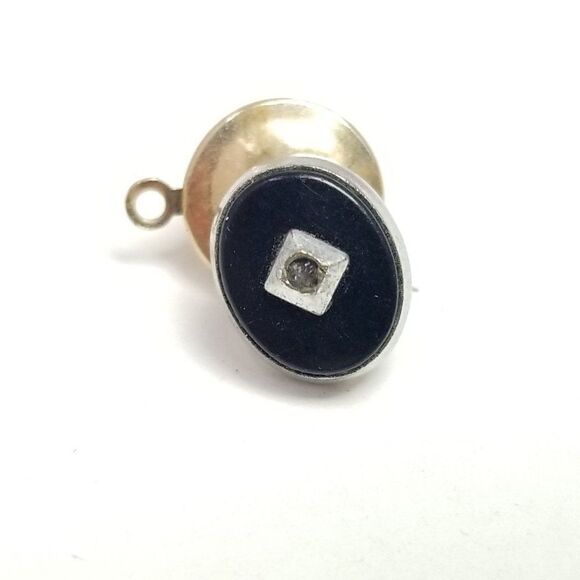 Vintage Oval Black Tie Tack Pin with Silver Tone Center, Mens Jewelry - Picture 1 of 5